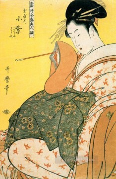  Bijin Oil Painting - Komurasaki of the Tamaya with pipe in hand Kitagawa Utamaro Ukiyo e Bijin ga